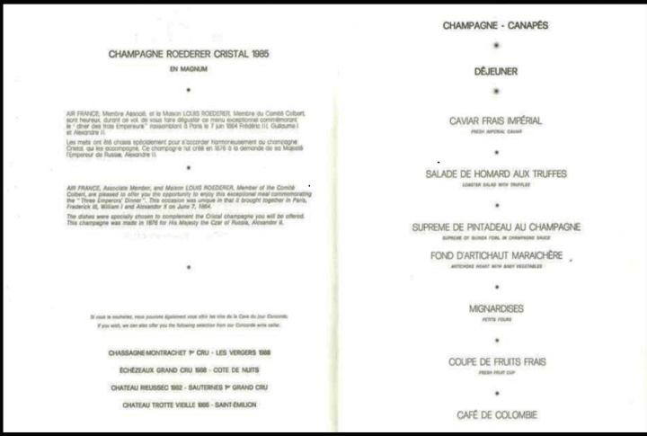 Exemple de menu Concorde Air France